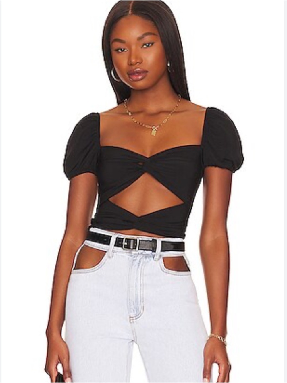 NWT More To Come REVOLVE Black Puff-Sleeve Twist Crop Top